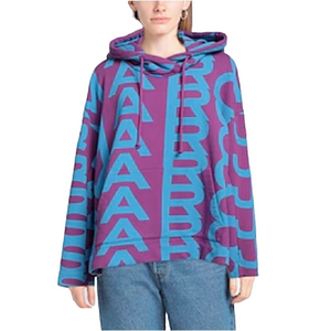 NEW MARC JACOBS Womens Monogram Jumbo Logo Oversized Hoodie Size M Purple/Blue